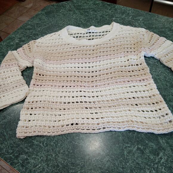 Gap Chunky Open Knit Sweater 100% Cotton Beachy Tan Pink White Crochet Layering - Picture 1 of 9